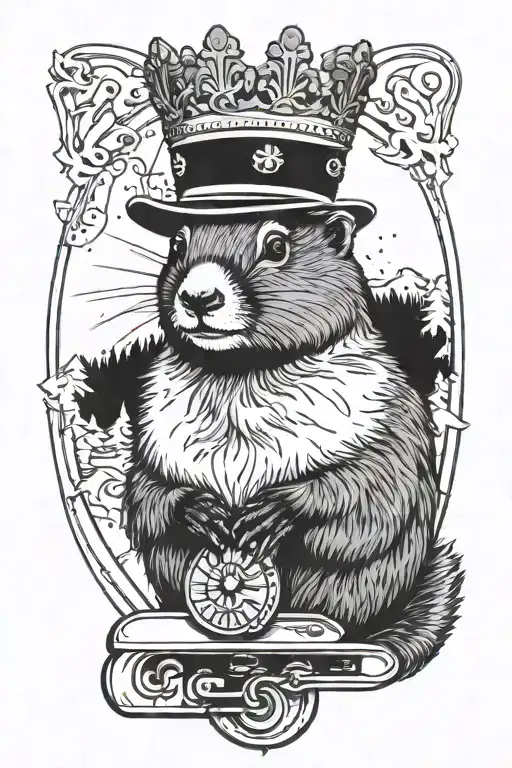cross eye marmot holding a snowboard as a trophy with a crown on her head tattoo design idea