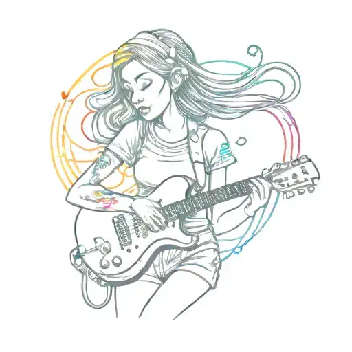 A whimsical and colorful tattoo of a girl playing music with a rainbow-colored background, representing your love for music and vibrant colors tattoo design idea