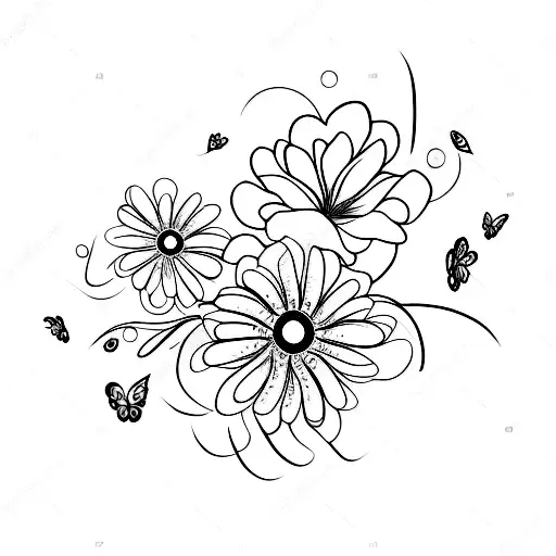 fine line violet flower with stem, twinkle stars and mini butterflies tattoo design idea