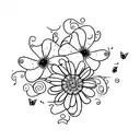 fine line violet flower with stem, twinkle stars and mini butterflies tattoo design idea