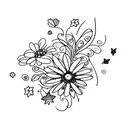 fine line violet flower with stem, twinkle stars and mini butterflies tattoo design idea