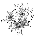 fine line violet flower with stem, twinkle stars and mini butterflies tattoo design idea