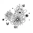 fine line violet flower with stem, twinkle stars and mini butterflies tattoo design idea