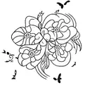 fine line violet flower with stem, twinkle stars and mini butterflies tattoo design idea