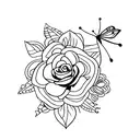 fine line violet flower with stem, twinkle stars and mini butterflies tattoo design idea
