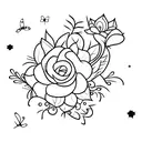 fine line violet flower with stem, twinkle stars and mini butterflies tattoo design idea