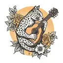 A traditional style tattoo of a puma animal playing a guitar with a sunset background tattoo design idea