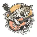 A traditional style tattoo of a puma animal playing a guitar with a sunset background tattoo design idea
