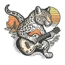 A traditional style tattoo of a puma animal playing a guitar with a sunset background tattoo design idea