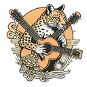A traditional style tattoo of a puma animal playing a guitar with a sunset background tattoo design idea