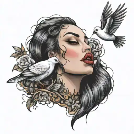 lips, girl and dove tattoo design idea