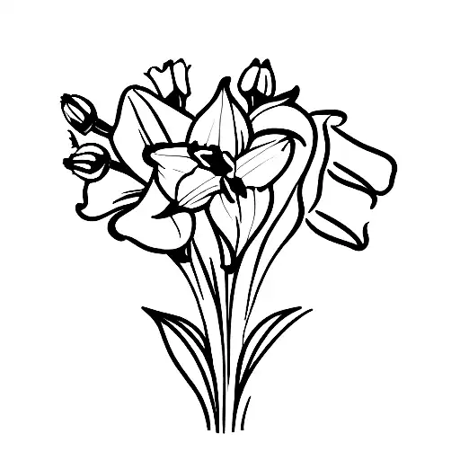 Bouquet of daffodil, violet, lily of the valley and rose tattoo design idea
