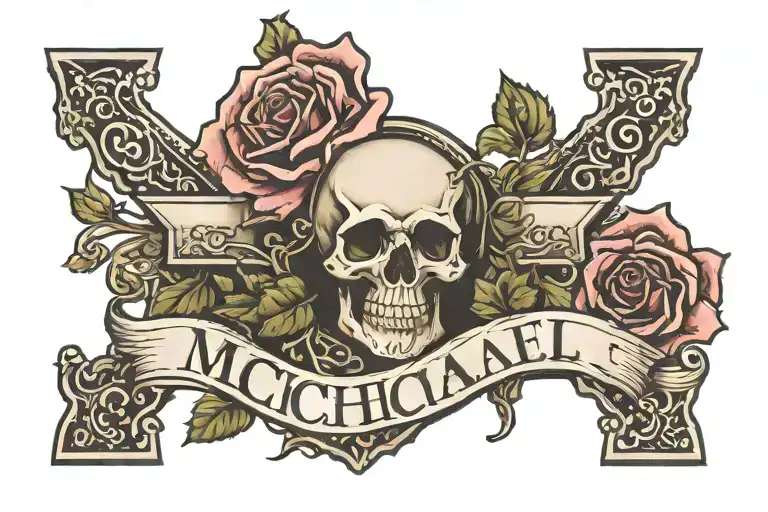 The name Michael with a rose and cross surrounded tattoo design idea