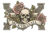 The name Michael with a rose and cross surrounded tattoo design idea