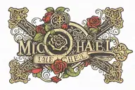 The name Michael with a rose and cross surrounded tattoo design idea