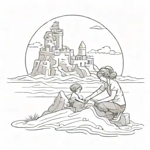 A sketch style tattoo of a mother and son building a sandcastle on the beach tattoo design idea