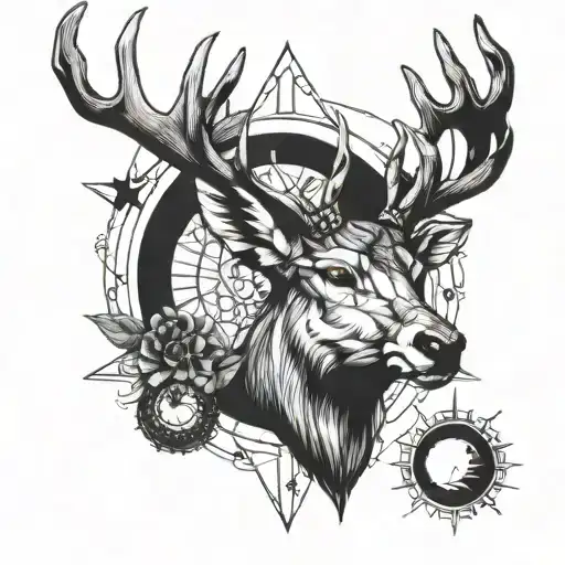 Half geometric  half realistic deer facing front with sun and moon in between antlers  tattoo design idea