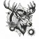 Half geometric  half realistic deer facing front with sun and moon in between antlers  tattoo design idea