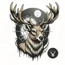 Half geometric  half realistic deer facing front with sun and moon in between antlers  tattoo design idea
