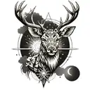 Half geometric  half realistic deer facing front with sun and moon in between antlers  tattoo design idea