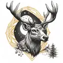 Half geometric  half realistic deer facing front with sun and moon in between antlers  tattoo design idea