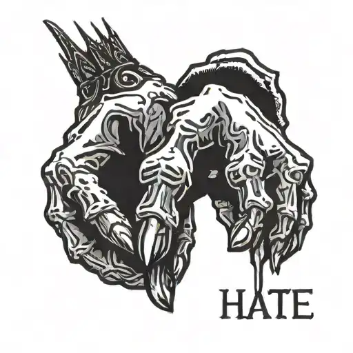 two gothic skull fingers with the words hate on them sliding into a pussy tattoo design idea