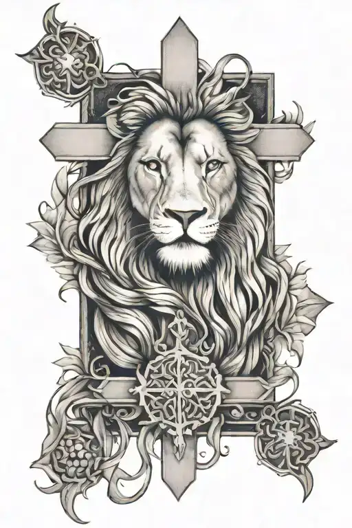 CROSS, JESUS, LION tattoo design idea