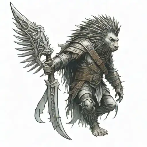 a dungeon doorway with a humanoid warrior half Porcupine, half men meaning on a warhammer tattoo design idea