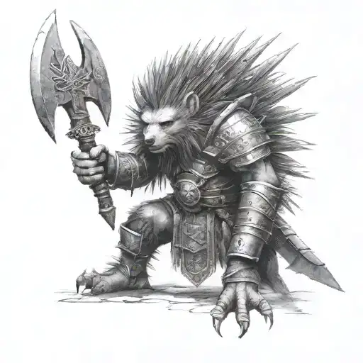 a dungeon doorway with a humanoid warrior half Porcupine, half men meaning on a warhammer tattoo design idea