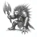 a dungeon doorway with a humanoid warrior half Porcupine, half men meaning on a warhammer tattoo design idea