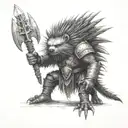 a dungeon doorway with a humanoid warrior half Porcupine, half men meaning on a warhammer tattoo design idea