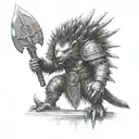a dungeon doorway with a humanoid warrior half Porcupine, half men meaning on a warhammer tattoo design idea