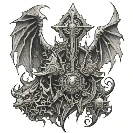 A tattoo design combining elements of World of Warcraft with mystical symbols from esoteric religious literature, rendered in a black-grey style tattoo design idea
