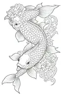 koi carp, flowers and inscriptions tattoo design idea