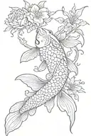 koi carp, flowers and inscriptions tattoo design idea