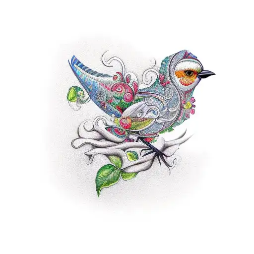 A new-school design featuring a whimsical bird with intricate botanical patterns tattoo design idea