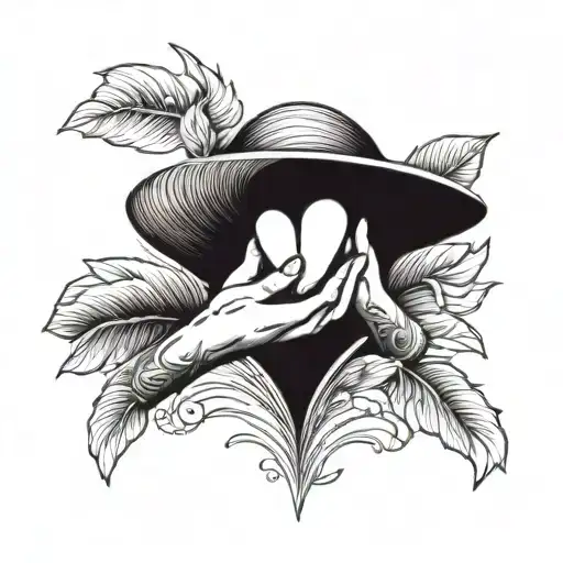 Two hands holding heart going up from a Vietnamese leaf hat with rippling water inside  tattoo design idea