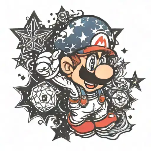 gothic mario-galaxy themed tattoo with stars from the game tattoo design idea