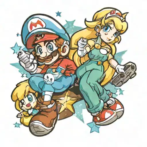 Grunge Mario Galaxy stars and rosalina on leg tattoo design idea