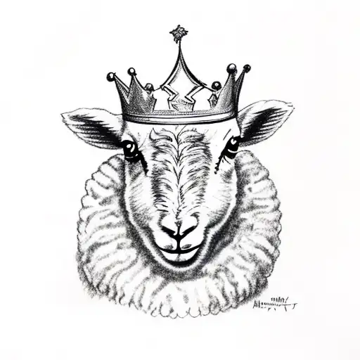 A lamb wearing a king's crown with a mischievous and arrogant expression. tattoo design idea