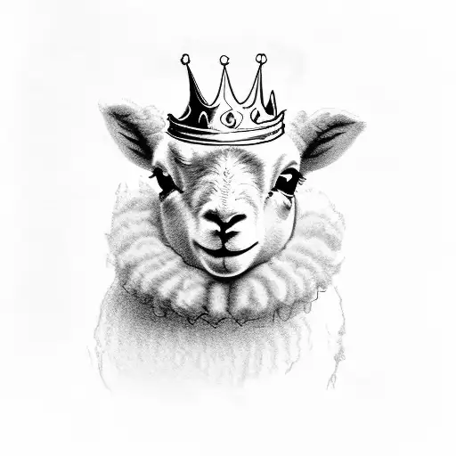 "A pencil-drawn, mischievous lamb wearing a king's crown, dancing with a playful and smug expression, and on the body of tattoo design idea