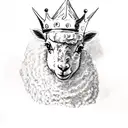 A lamb wearing a king's crown with a mischievous and arrogant expression. tattoo design idea