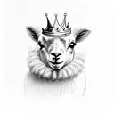 "A pencil-drawn, mischievous lamb wearing a king's crown, dancing with a playful and smug expression, and on the body of tattoo design idea
