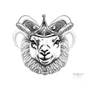 "A pencil-drawn, mischievous lamb wearing a king's crown, dancing with a playful and smug expression, and on the body of tattoo design idea