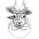 "A pencil-drawn, mischievous lamb wearing a king's crown, dancing with a playful and smug expression, and on the body of tattoo design idea