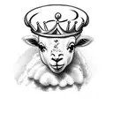 "A pencil-drawn, mischievous lamb wearing a king's crown, dancing with a playful and smug expression, and on the body of tattoo design idea