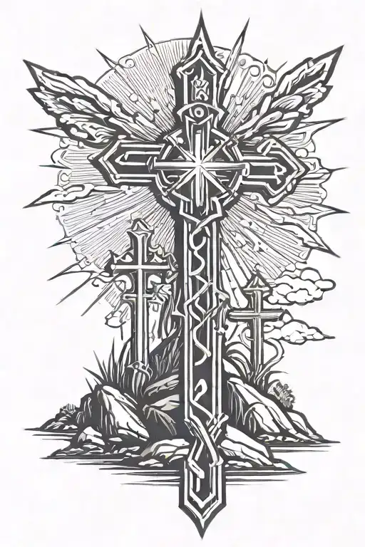 3 crosses on hill with maltese cross as sun shining tattoo design idea
