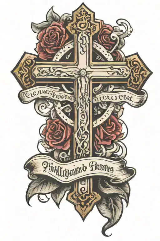 Cross and weights with the bible verse Philippians 4:13 tattoo design idea