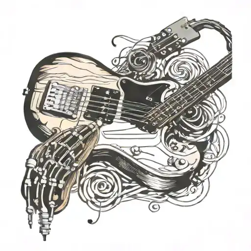 A simple black guitar cable gets plugged into a simple brown bass guitar. As the cable goes away it turns to musuc notes tattoo design idea
