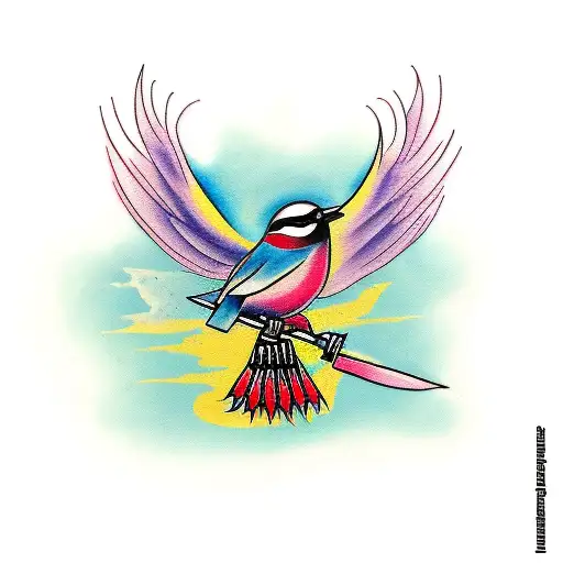 A tattoo design of a paintbrush and palette with a bird perched on top, symbolizing the client's passion for painting and birds tattoo design idea